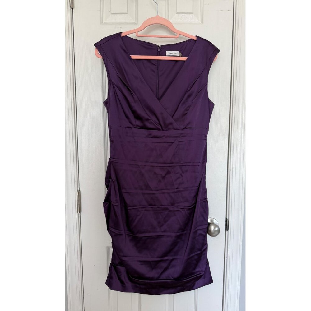 Calvin Klein Purple Sleeveless V-Neck Ruched Mini Sheath Dress 12